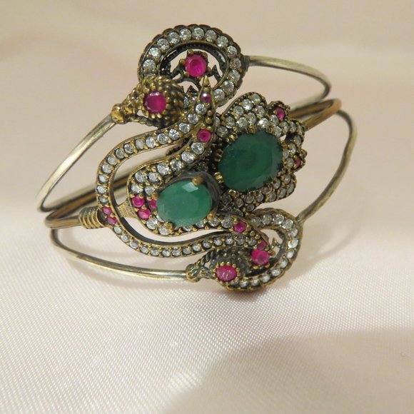 Sterling Silver Bangle Bracelet Green & Red Onyx with Cz